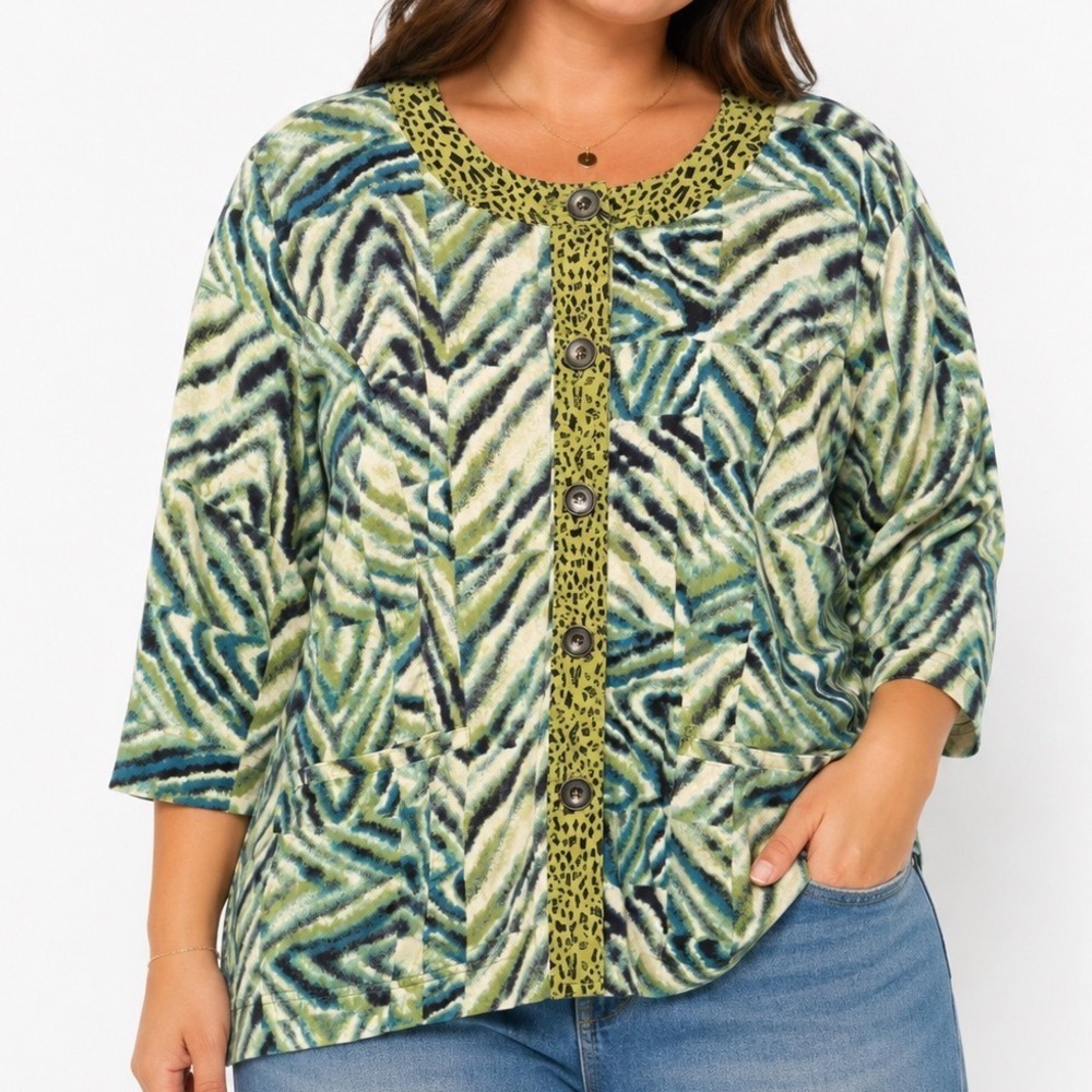 Vintage Abstract Print Jacket Blazer Women L Green Artsy Boho Lagenlook Open